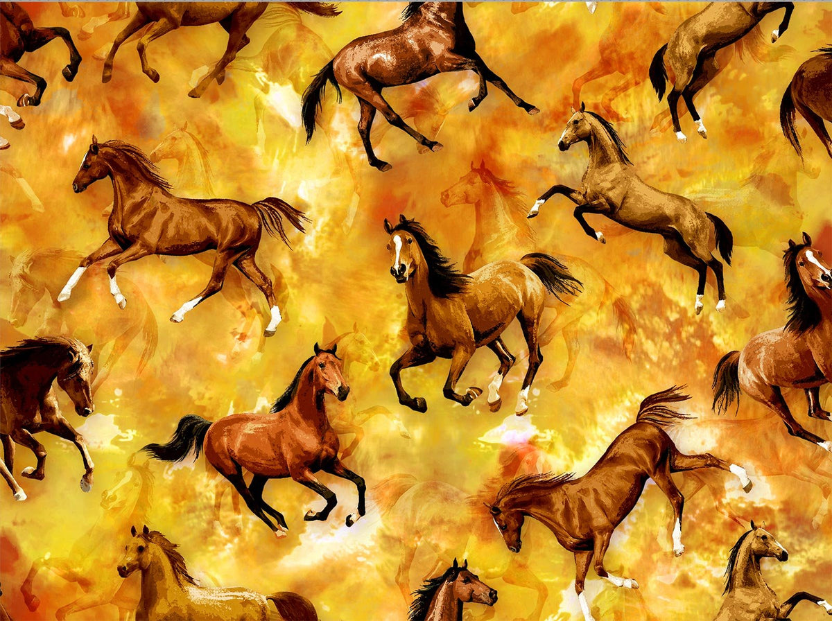 Ranch de bétail par Oasis Fabrics - Cheval sauvage - Or