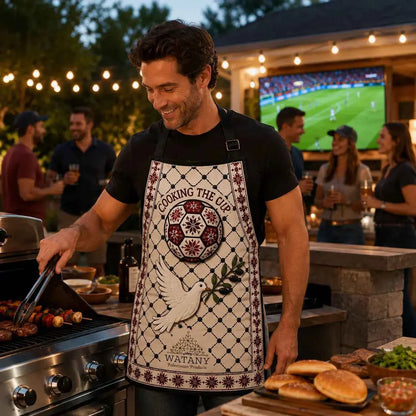 Palestinian Tatreez Apron | Cooking the Cup Heritage Kitchen Apron with Kufiya & Football Design