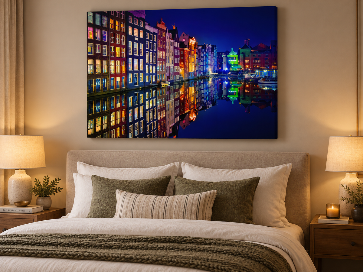 Amsterdam Canal Reflections at Night Canvas Wall Art