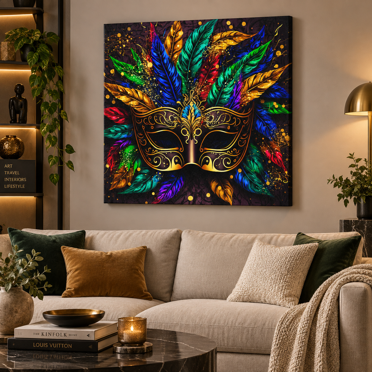 Venetian Masquerade Mask Canvas Wall Art | Colourful Feathers Gold Carnival Print