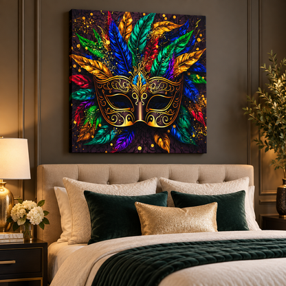 Venetian Masquerade Mask Canvas Wall Art | Colourful Feathers Gold Carnival Print