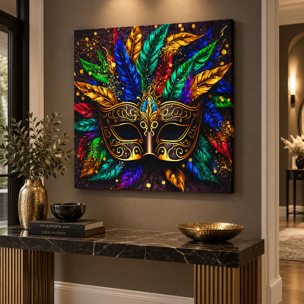 Venetian Masquerade Mask Canvas Wall Art | Colourful Feathers Gold Carnival Print