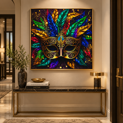 Venetian Masquerade Mask Canvas Wall Art | Colourful Feathers Gold Carnival Print