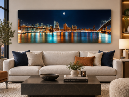 NYC Moon Skyline Panoramic Canvas Wall Art | New York City Night Brooklyn Bridge Large Print