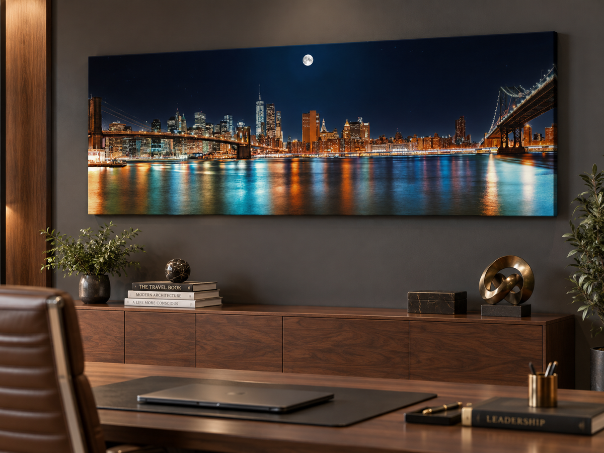 NYC Moon Skyline Panoramic Canvas Wall Art | New York City Night Brooklyn Bridge Large Print