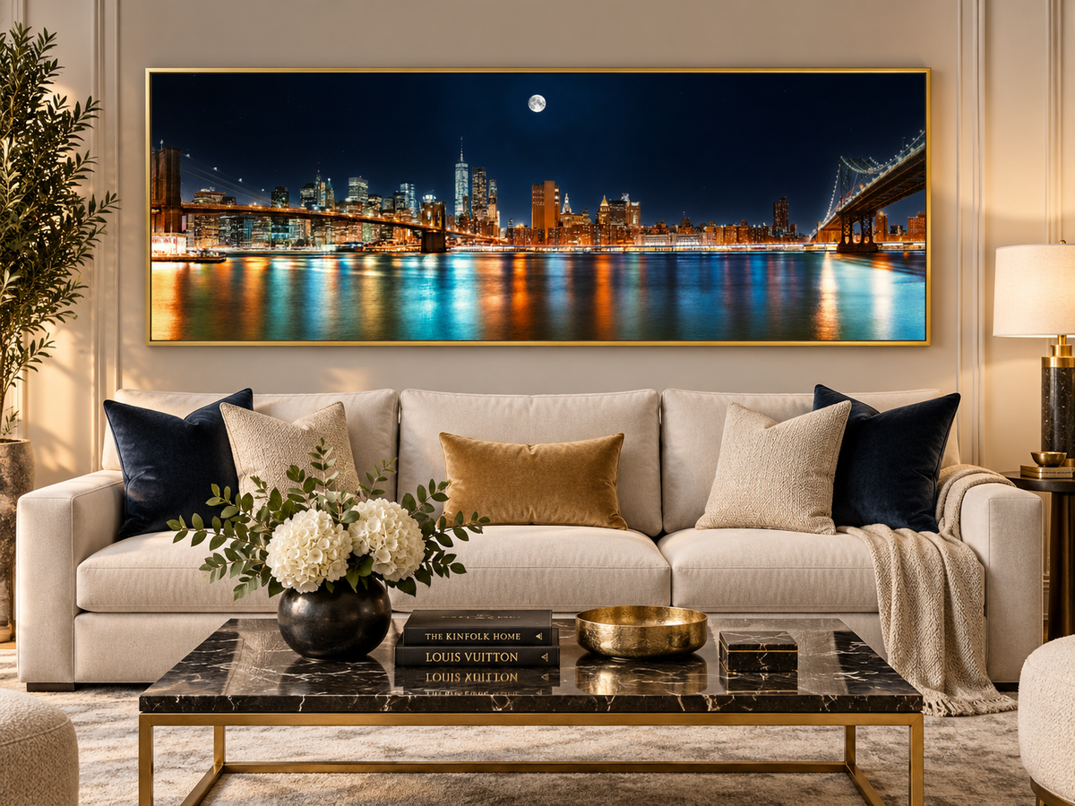 NYC Moon Skyline Panoramic Canvas Wall Art | New York City Night Brooklyn Bridge Large Print