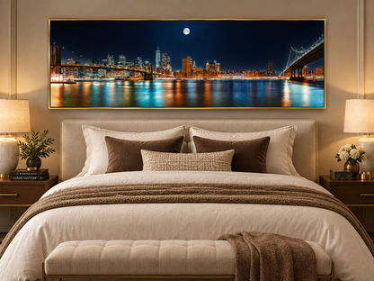 NYC Moon Skyline Panoramic Canvas Wall Art | New York City Night Brooklyn Bridge Large Print