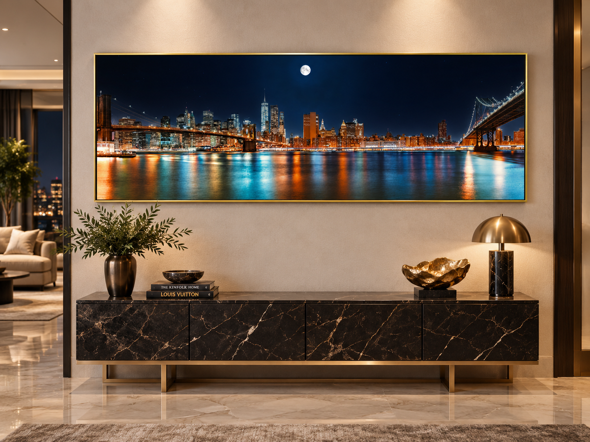 NYC Moon Skyline Panoramic Canvas Wall Art | New York City Night Brooklyn Bridge Large Print