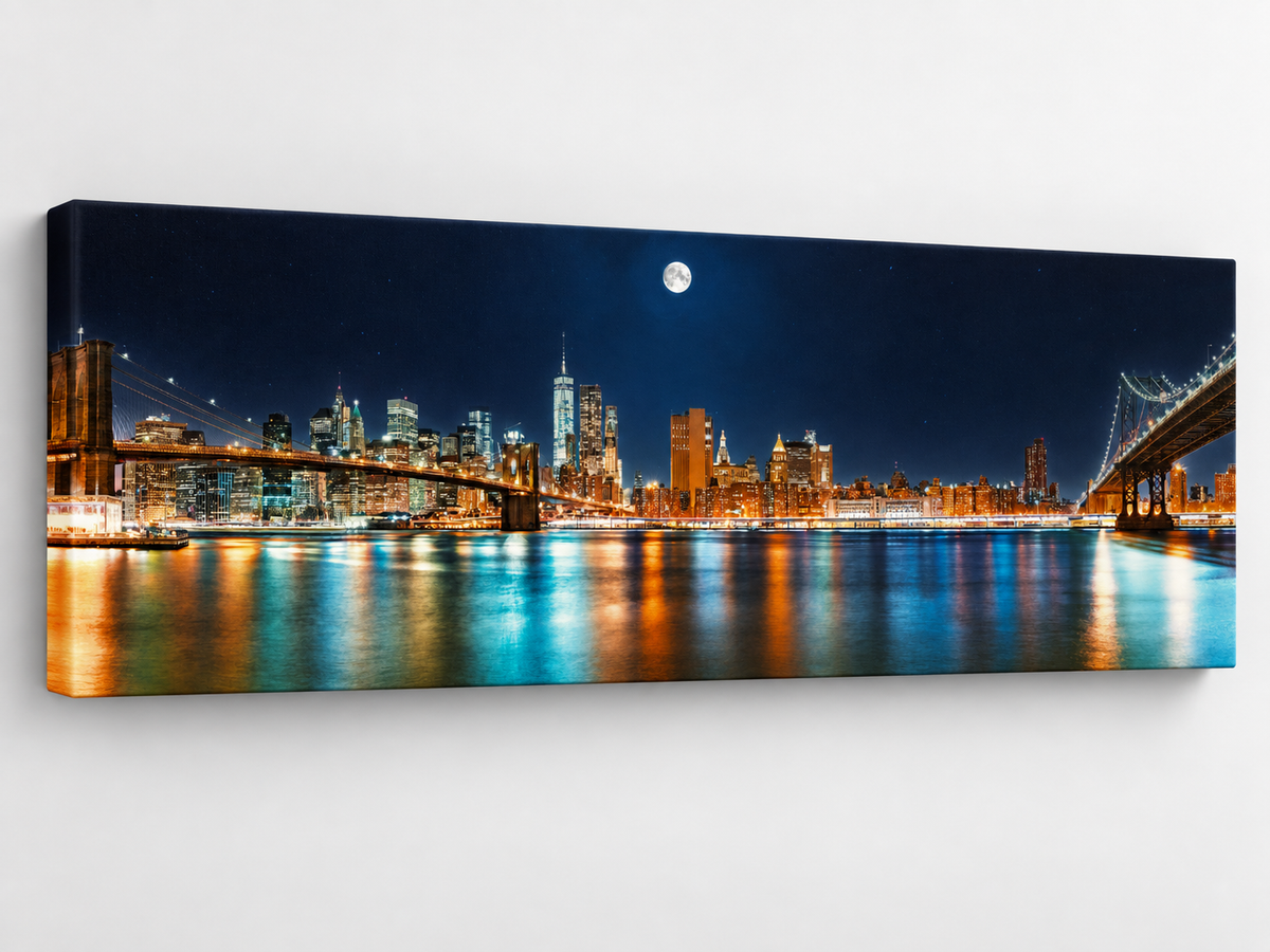 NYC Moon Skyline Panoramic Canvas Wall Art | New York City Night Brooklyn Bridge Large Print