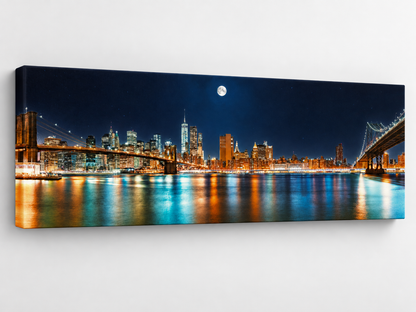 NYC Moon Skyline Panoramic Canvas Wall Art | New York City Night Brooklyn Bridge Large Print