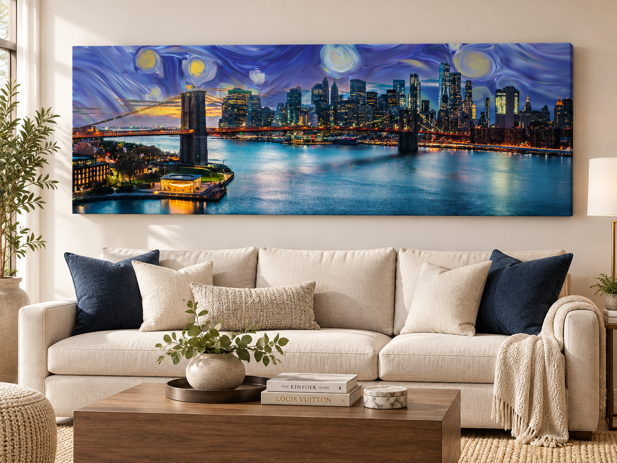 NYC Sunset Bridge Panoramic Canvas Wall Art | Brooklyn Bridge Golden Hour Manhattan Skyline Print