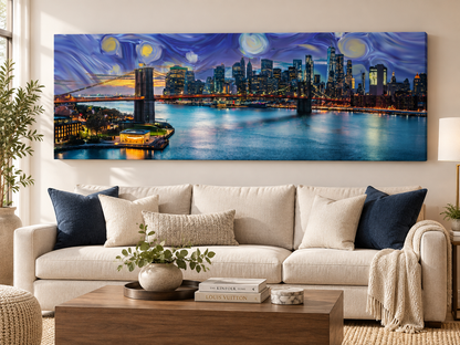NYC Sunset Bridge Panoramic Canvas Wall Art | Brooklyn Bridge Golden Hour Manhattan Skyline Print