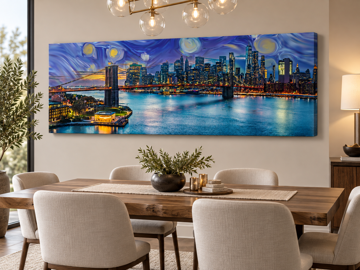 NYC Sunset Bridge Panoramic Canvas Wall Art | Brooklyn Bridge Golden Hour Manhattan Skyline Print