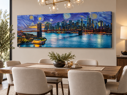 NYC Sunset Bridge Panoramic Canvas Wall Art | Brooklyn Bridge Golden Hour Manhattan Skyline Print