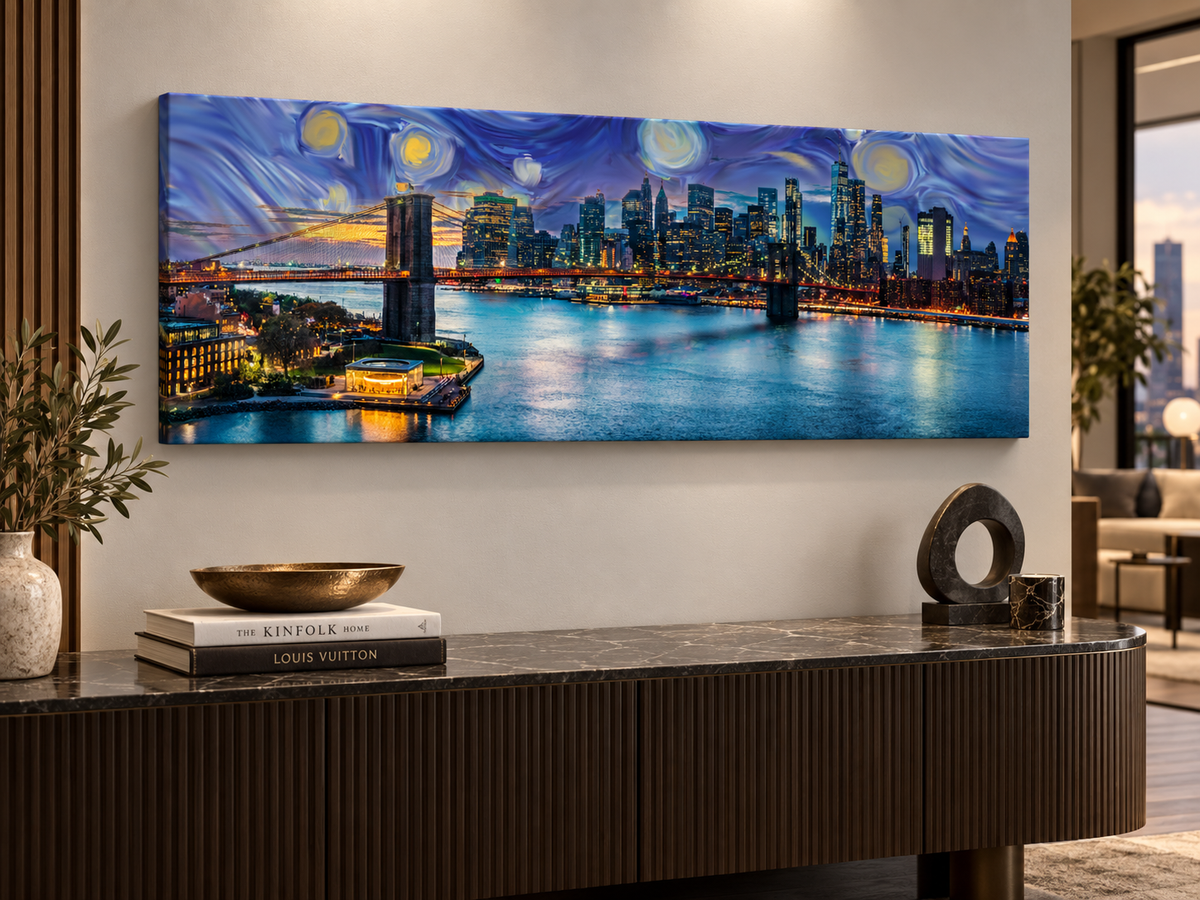 NYC Sunset Bridge Panoramic Canvas Wall Art | Brooklyn Bridge Golden Hour Manhattan Skyline Print