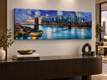 NYC Sunset Bridge Panoramic Canvas Wall Art | Brooklyn Bridge Golden Hour Manhattan Skyline Print