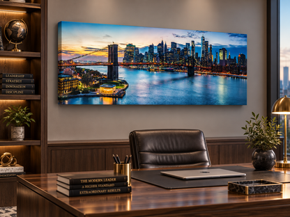NYC Sunset Bridge Panoramic Canvas Wall Art | Brooklyn Bridge Golden Hour Manhattan Skyline Print