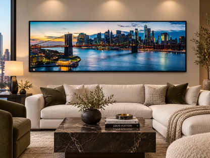 NYC Sunset Bridge Panoramic Canvas Wall Art | Brooklyn Bridge Golden Hour Manhattan Skyline Print