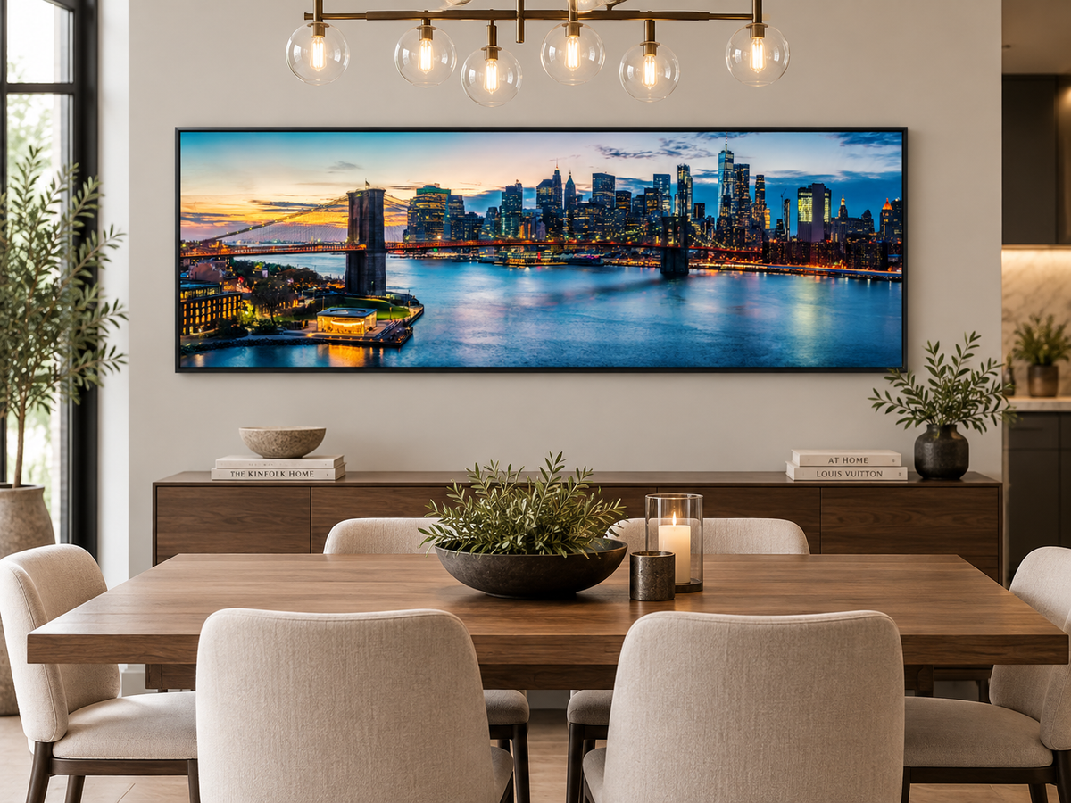 NYC Sunset Bridge Panoramic Canvas Wall Art | Brooklyn Bridge Golden Hour Manhattan Skyline Print