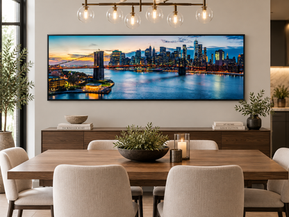 NYC Sunset Bridge Panoramic Canvas Wall Art | Brooklyn Bridge Golden Hour Manhattan Skyline Print