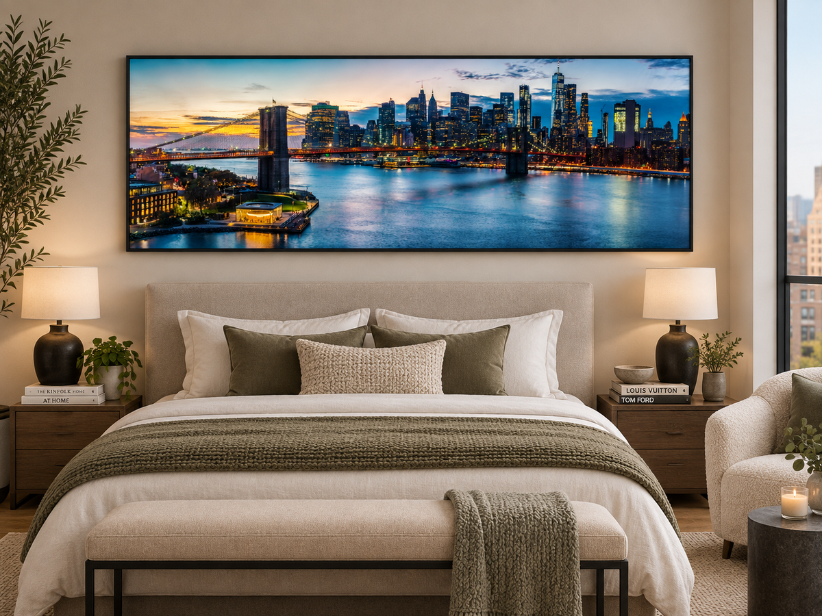 NYC Sunset Bridge Panoramic Canvas Wall Art | Brooklyn Bridge Golden Hour Manhattan Skyline Print
