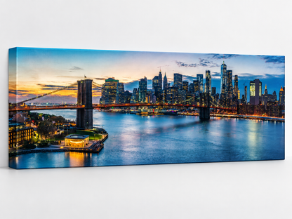 NYC Sunset Bridge Panoramic Canvas Wall Art | Brooklyn Bridge Golden Hour Manhattan Skyline Print