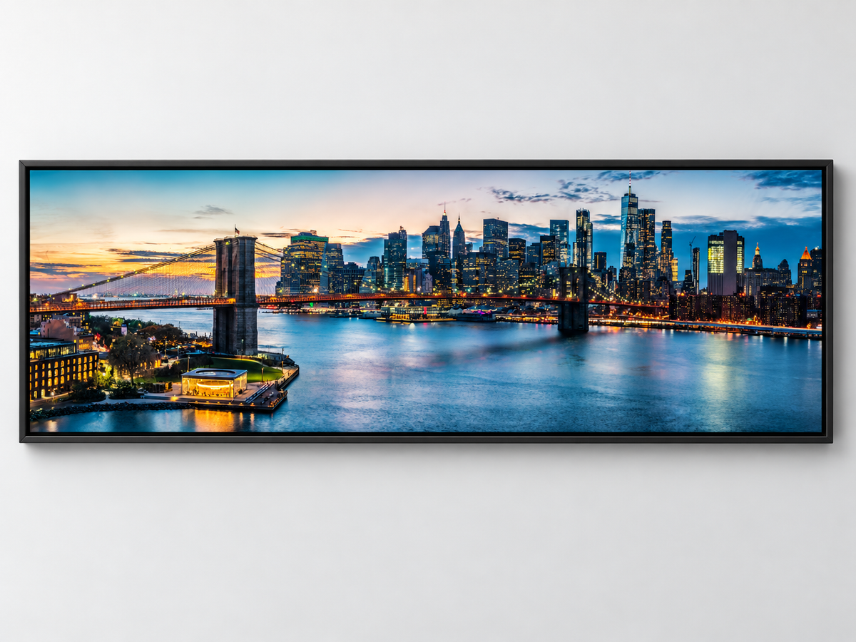 NYC Sunset Bridge Panoramic Canvas Wall Art | Brooklyn Bridge Golden Hour Manhattan Skyline Print