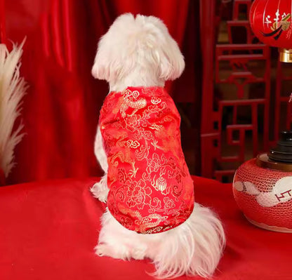 Chemise pour chien Nouvel An Chinois Lucky Bloom | Haut inspiré du Qipao Rouge et Or