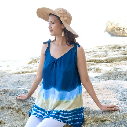 Beach Stripe & Tie Dye Long Tank Top In Navy