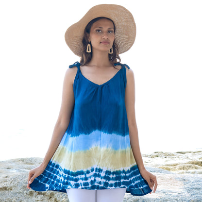 Beach Stripe & Tie Dye Long Tank Top In Navy