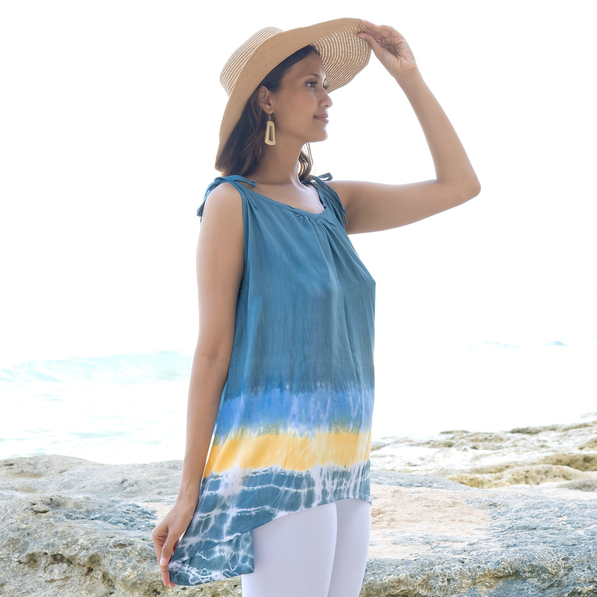 Beach Stripe & Tie Dye Long Tank Top In Grey