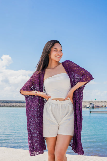 Mid Length Popcorn Knit Kimono - Purple