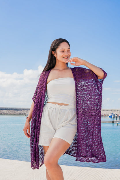 Mid Length Popcorn Knit Kimono - Purple