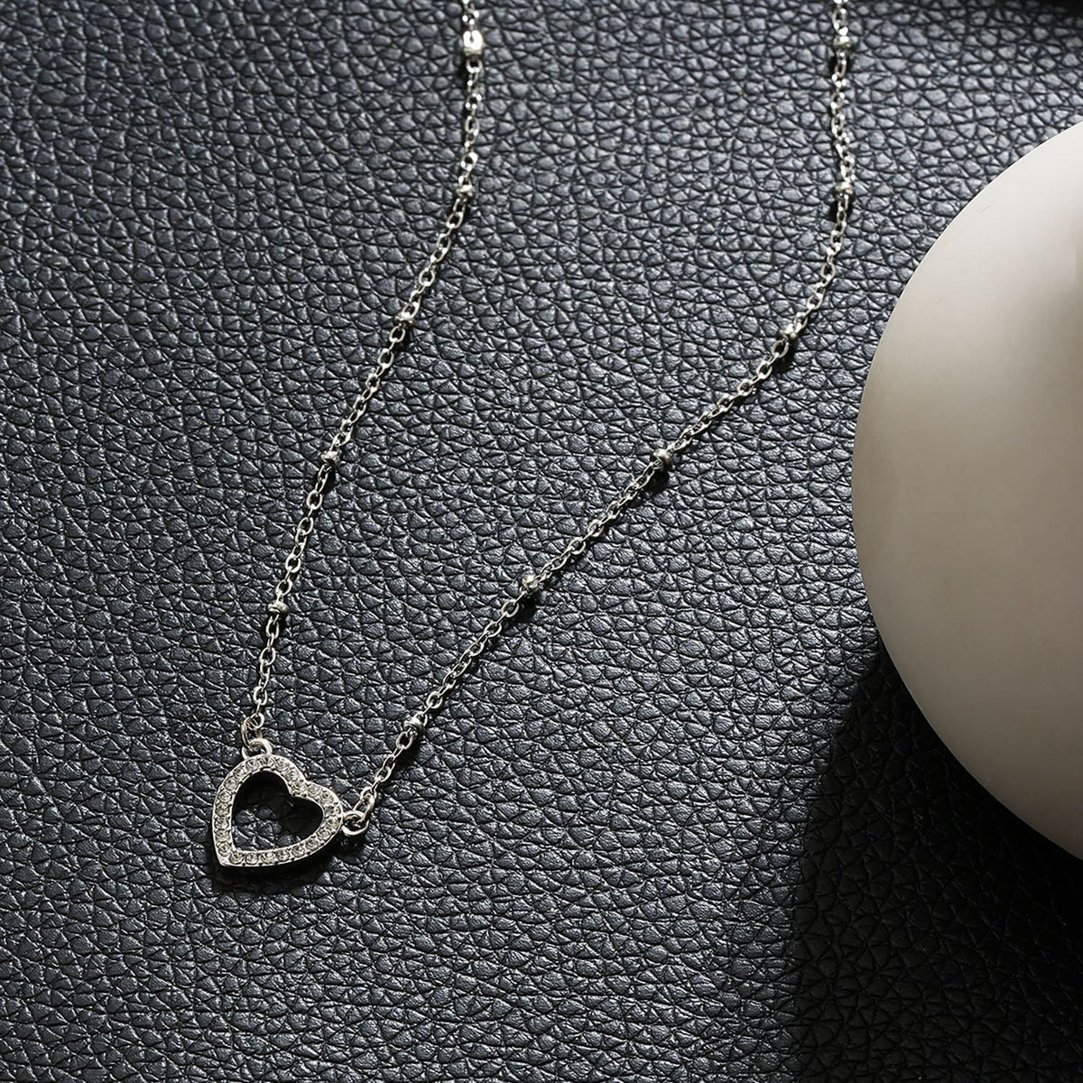 CHERISH Silver (White Gold): Beaded Chain Anchoring an Elegant Pavé Heart Charm Pendant