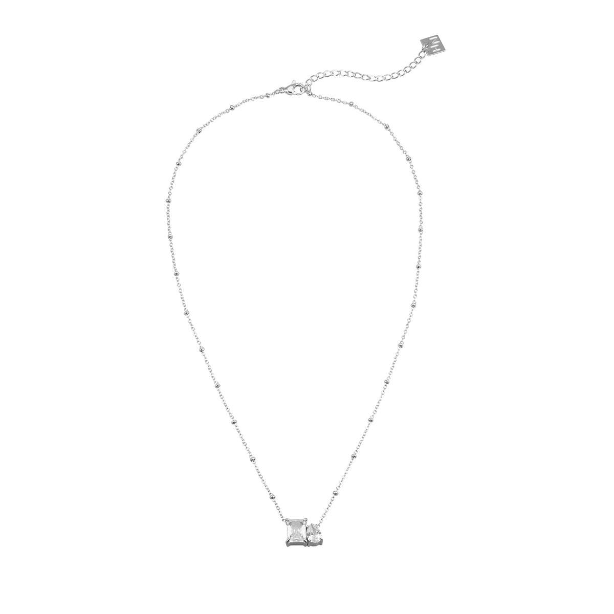MAFFINA Argent (Or blanc) : Collier délicat en chaîne perlée avec pendentif duo oxyde de zirconium