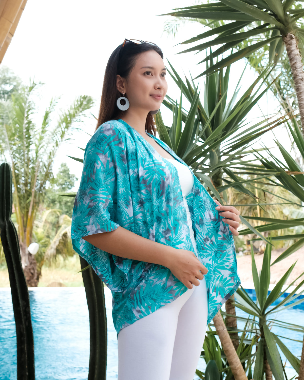 Fern Print Short Kimono - Mint & Grey