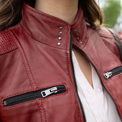 Women's Classic Sheep Leather Jacket. Standing Collar with Studs, 4 Zippered Pockets & Shoulder Accent Stitching