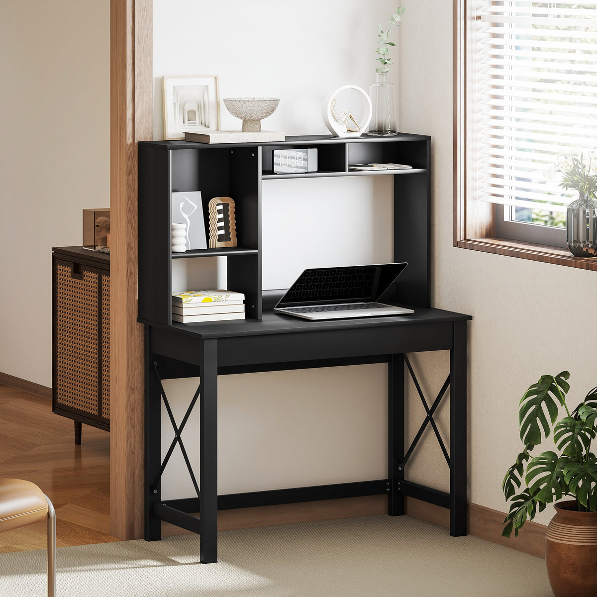 Bureau informatique Sloan avec surmeuble et étagères de rangement - Noir