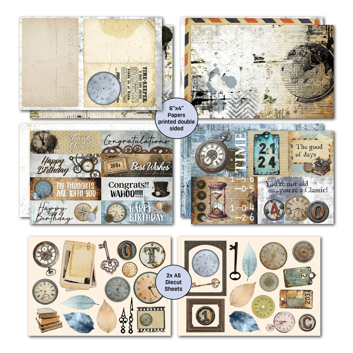 Lot de 6 cartes 3Quarter Designs Eclectic Clocks 15x10 cm