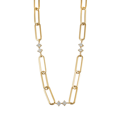 ELOPPINA Gold Necklace: Paper Clip Chain with Zirconia Accents & a Freshwater Pearl Charm