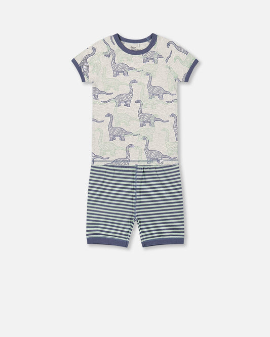 Pyjama court deux pièces en coton biologique, motif dinosaures, couleur beige chiné
