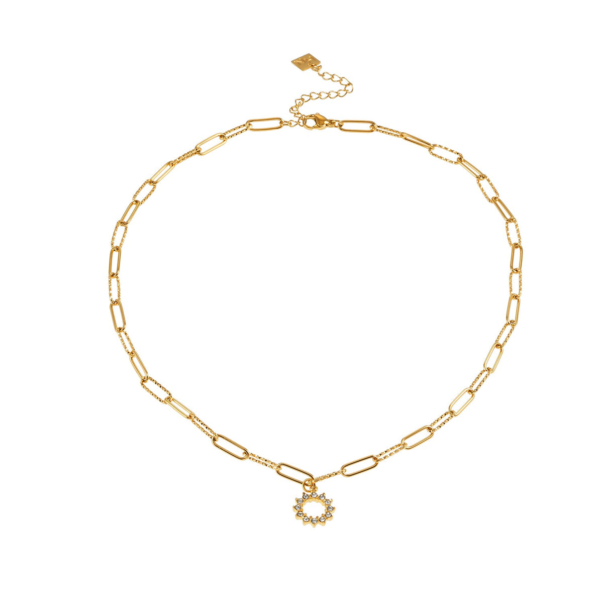 FRETTA: Radiant Star Shaped Pendant Zirconia Paper-Clip Chain Necklace in Gold.