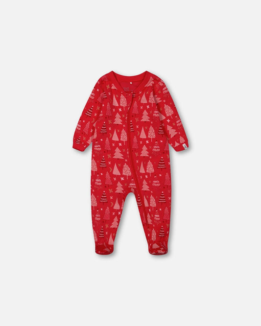 Pyjama une pièce en coton biologique, motif sapin de Noël rouge