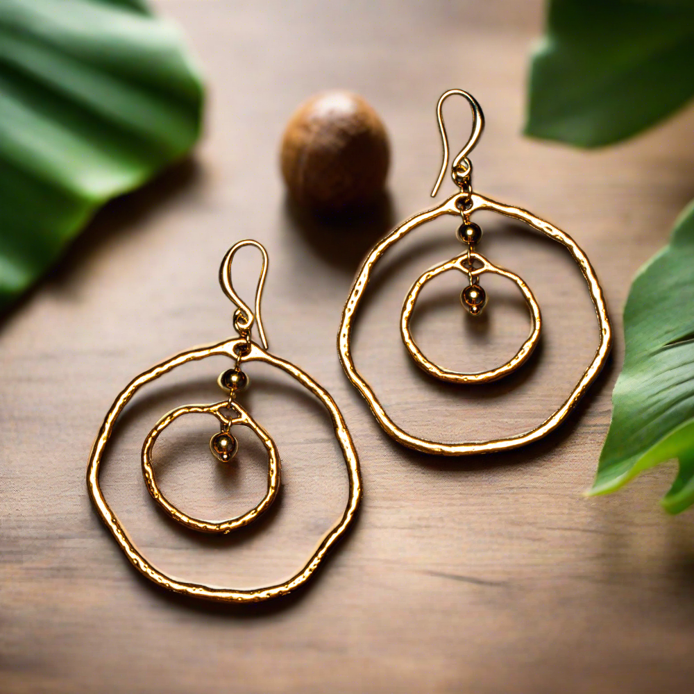 Beaten Double Ring Earring In Gold Plate