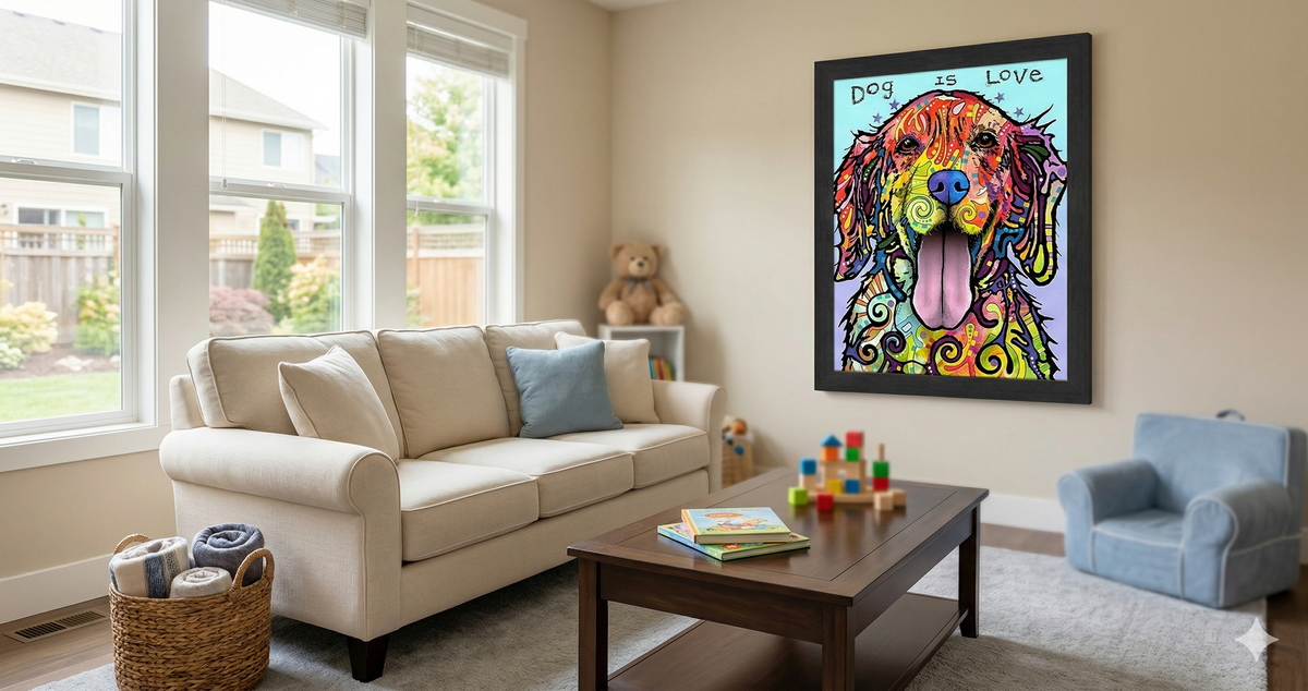 Dog Is Love Colorful Framed Canvas Wall Art (33.5x23.5)