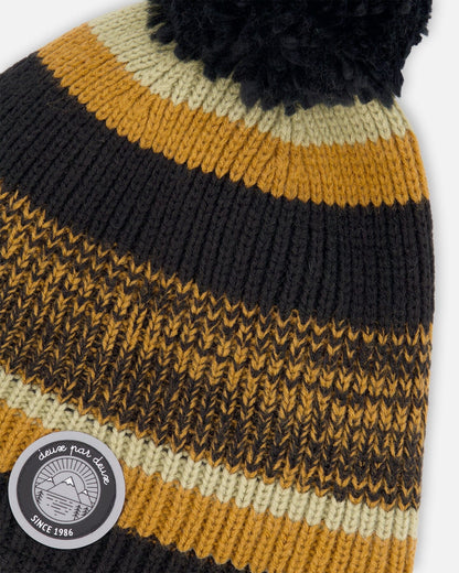 Bonnet tricot doublé à pompon noir et marron