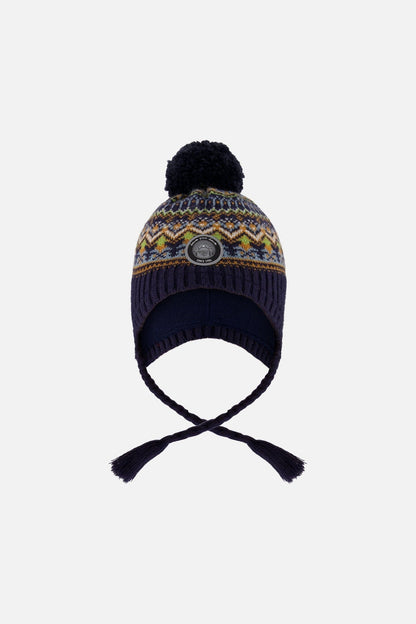 Lined Peruvian Knit Hat With Pompom Taupe And Navy