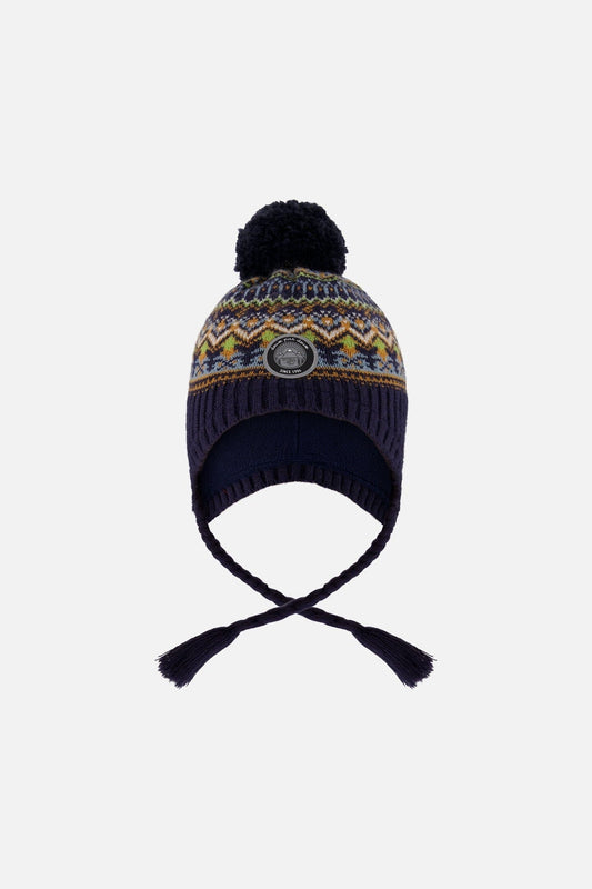 Bonnet péruvien doublé en tricot avec pompon taupe et marine