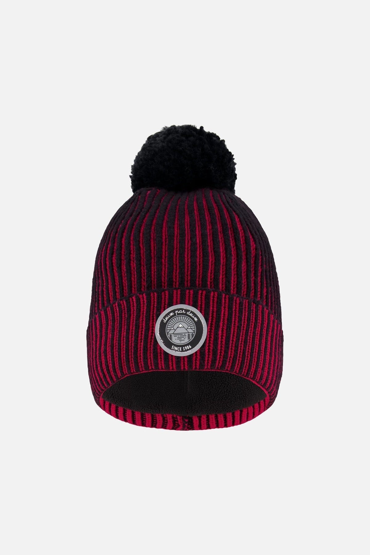 Bonnet tricoté doublé à pompon rouge et noir