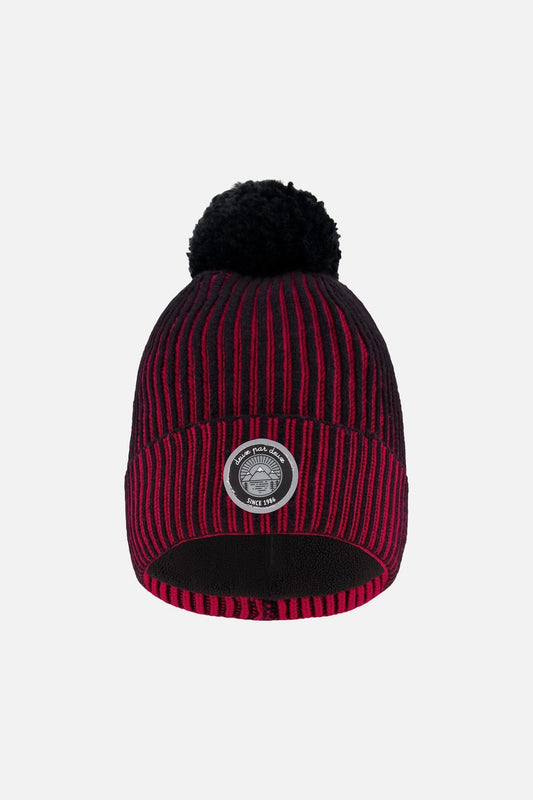 Bonnet tricoté doublé à pompon rouge et noir
